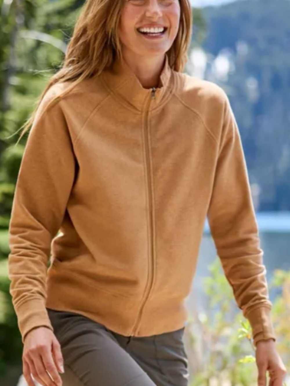 LL BEAN Women’s Camel Colored Cozy Zip Sweater Classic Lightweight Size L